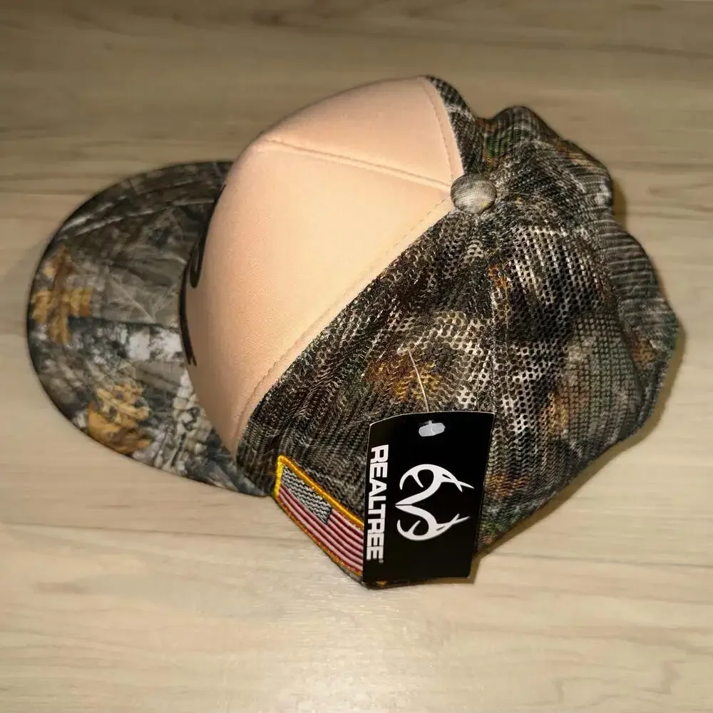 Realtree Camo Mesh Back Trucker Hat with American Flag Patch Snapback